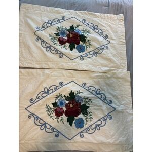 Vintage Floral Applique Quilted Pillow Shams Cream Blue Burgundy Set of 2 King